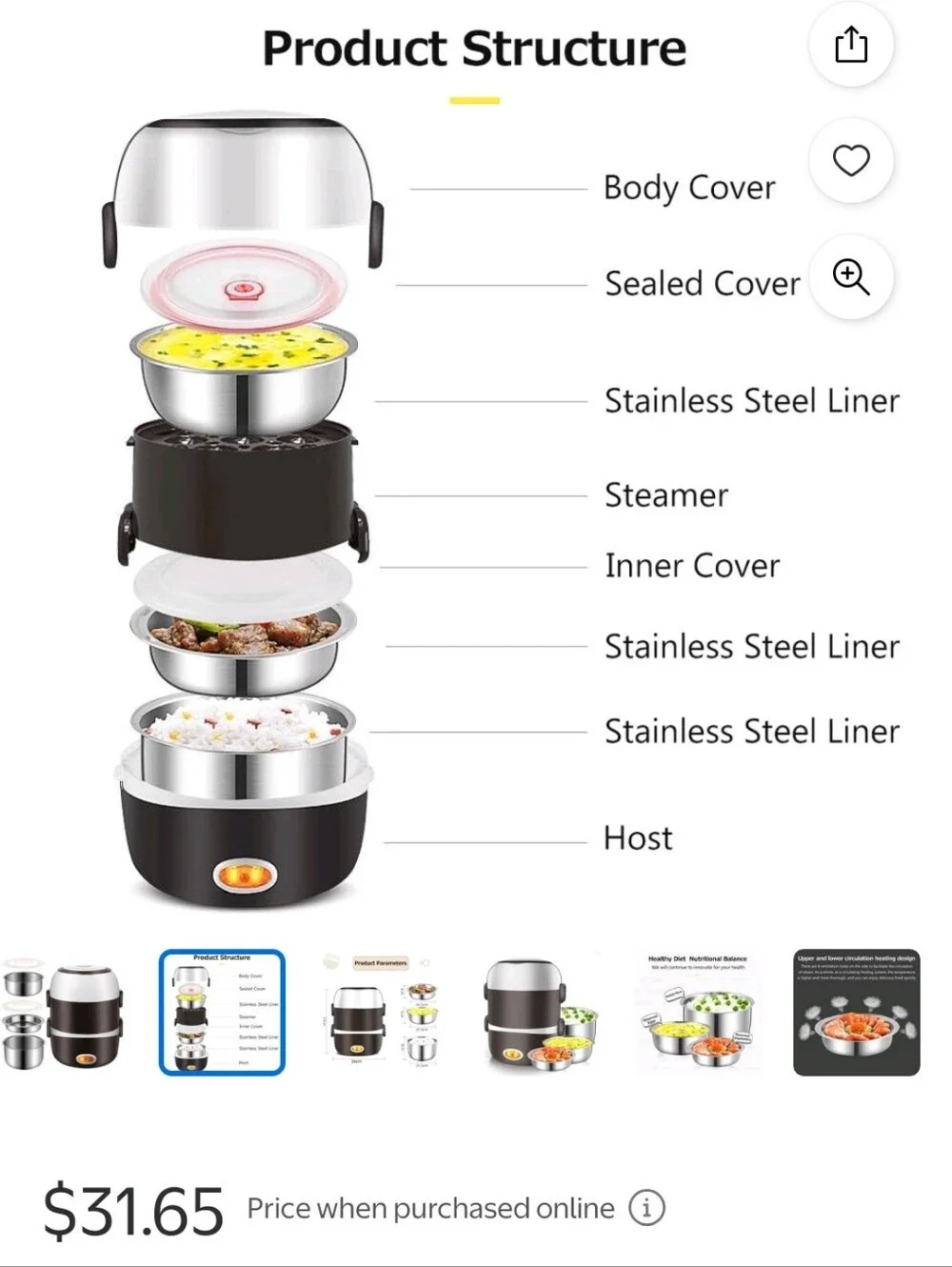 Electric Portable Lunch Box - Black & White Multi-Tier Food Warmer